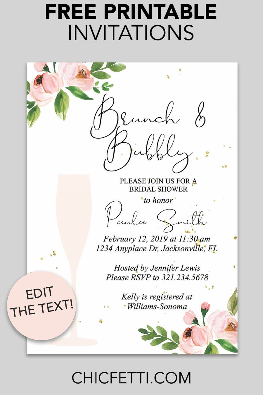 Bridal Shower Invitation Template Bridal Shower Printable Invitation Floral Bubbly