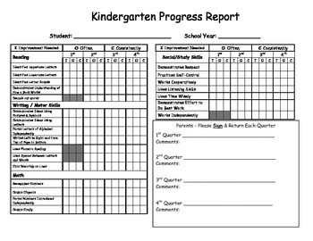 Kindergarten Report Card Template Kindergarten Quarterly Progress Report by Exploring Early
