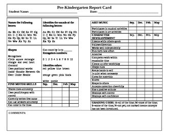 Kindergarten Report Card Template Pre K Report Card assesment by Chantel Allen