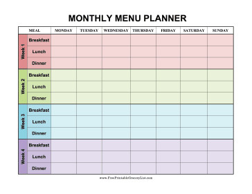 Monthly Meal Planner Template Four Weeks are Decorated In Different Colors In This