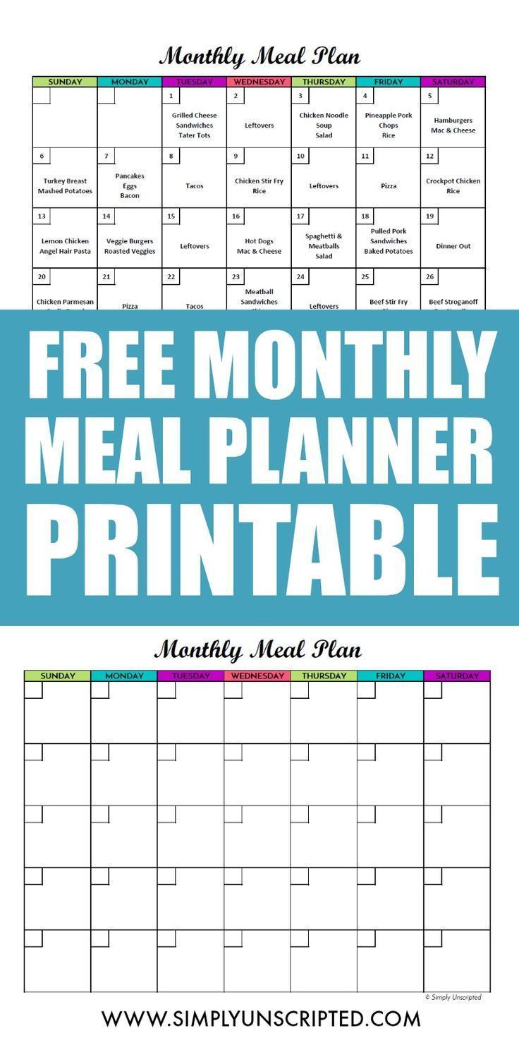 Free Monthly Meal Planner Printable Calendar Template For