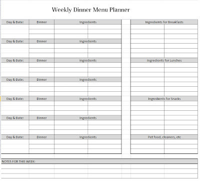 Weekly Dinner Menu Template Weekly Dinner Menu Planner Template Sample
