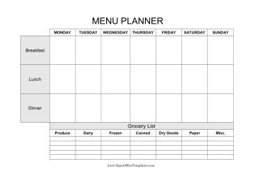 Weekly Menu Planner Template Weekly Menu Planner with Grocery List