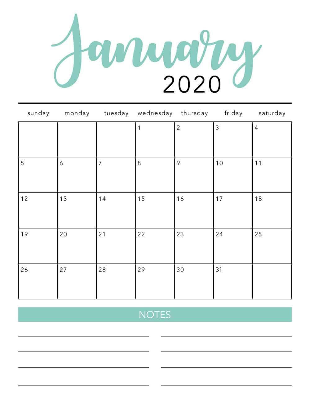 Free 2020 Monthly Calendar Printable