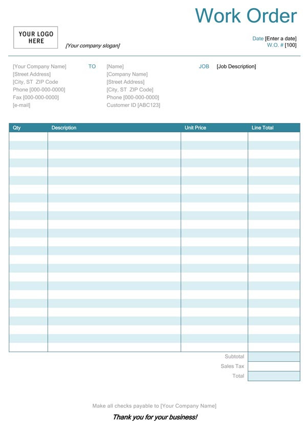 Blank order form Template Blank Work order form