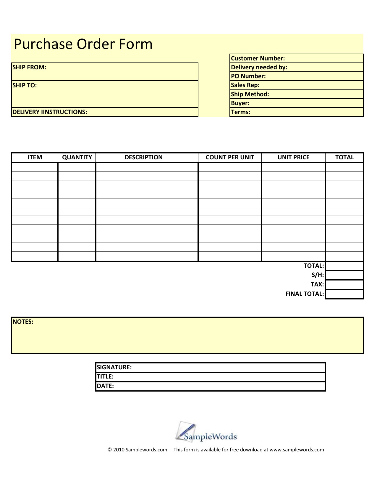Blank order form Template Download Blank Purchase order form Template Excel