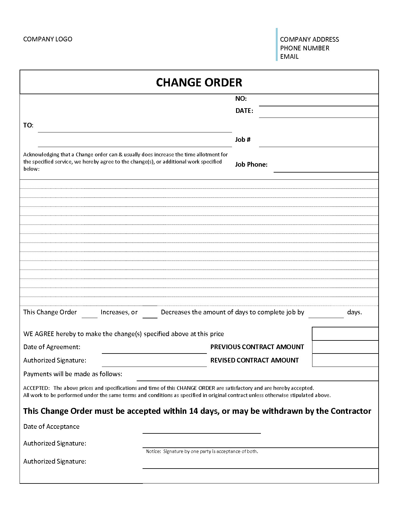 Construction Change order Template 3 Construction Change order Templates