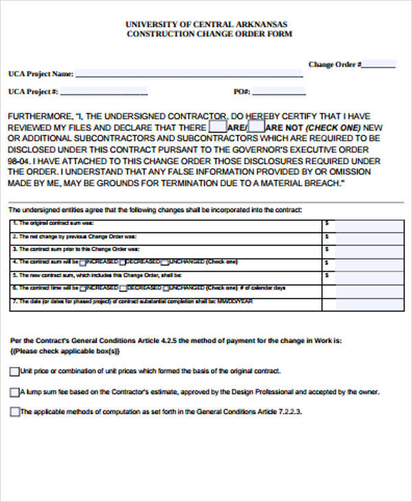 Construction Change order Template Free 9 Sample Construction Change order forms In Ms Word
