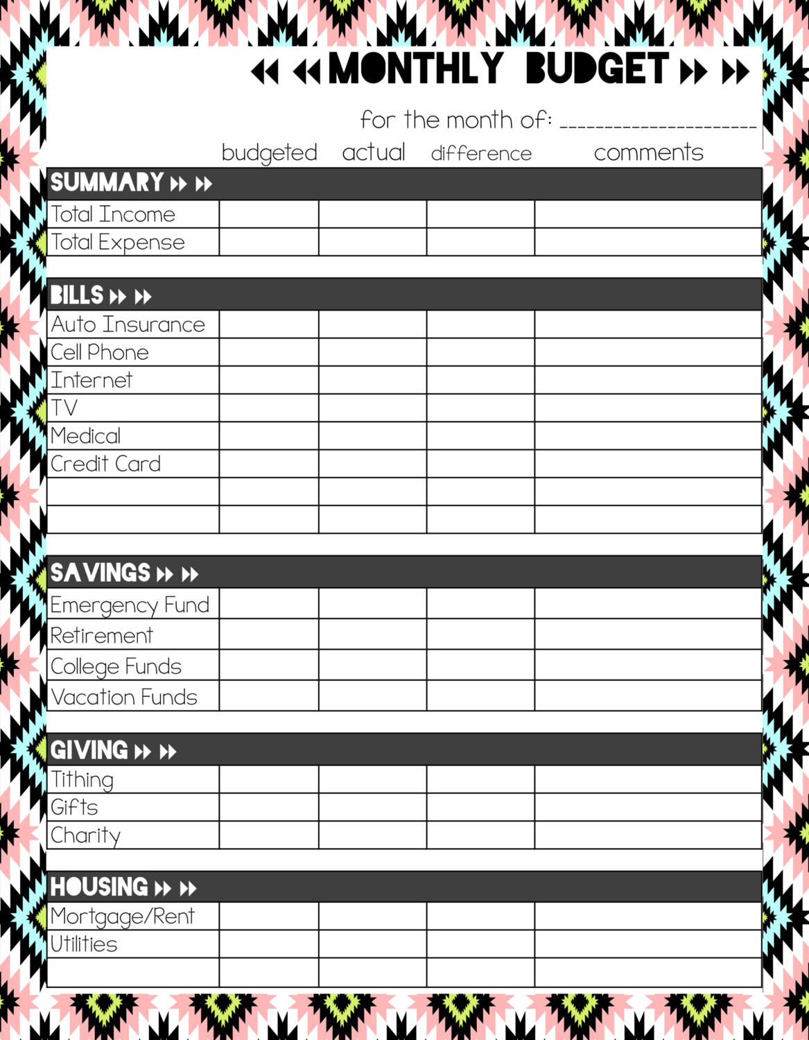 Cute Monthly Budget Template Printable Monthly Bud Finance Planner