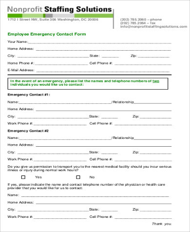 Emergency Contact form Template Free 7 Sample Employee Emergency Contact forms In Ms Word