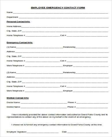 Emergency Contact form Template Free 7 Sample Employee Emergency Contact forms In Ms Word