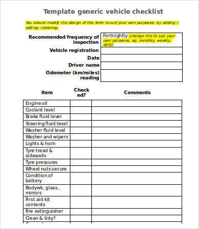 Vehicle Inspection Checklist Template Used Vehicle Inspection form Template