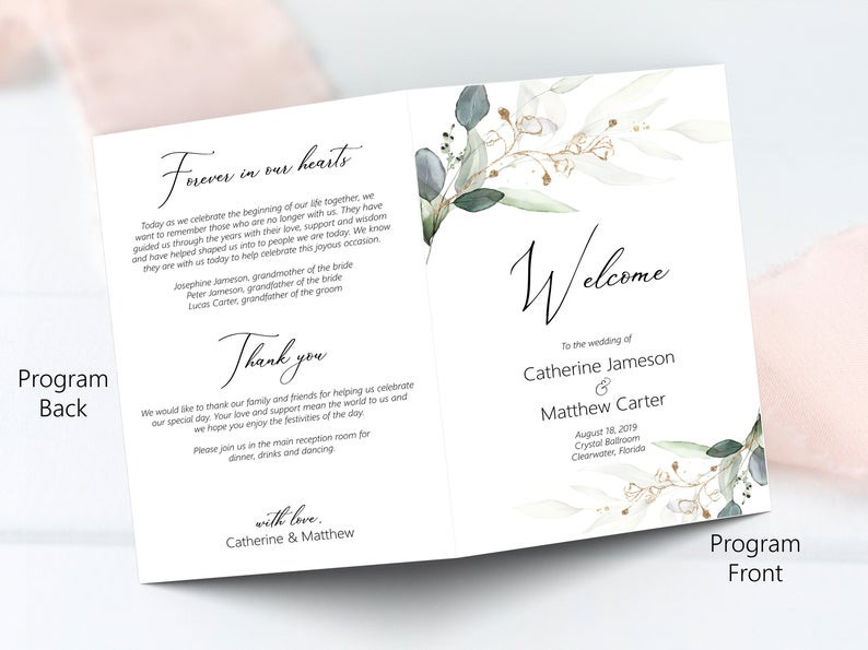 Wedding Program Booklet Template Greenery and Gold Leaf Wedding Program Booklet Template