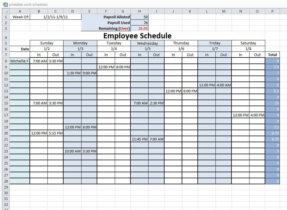 Free Work Schedule Template Free Printable Work Schedule