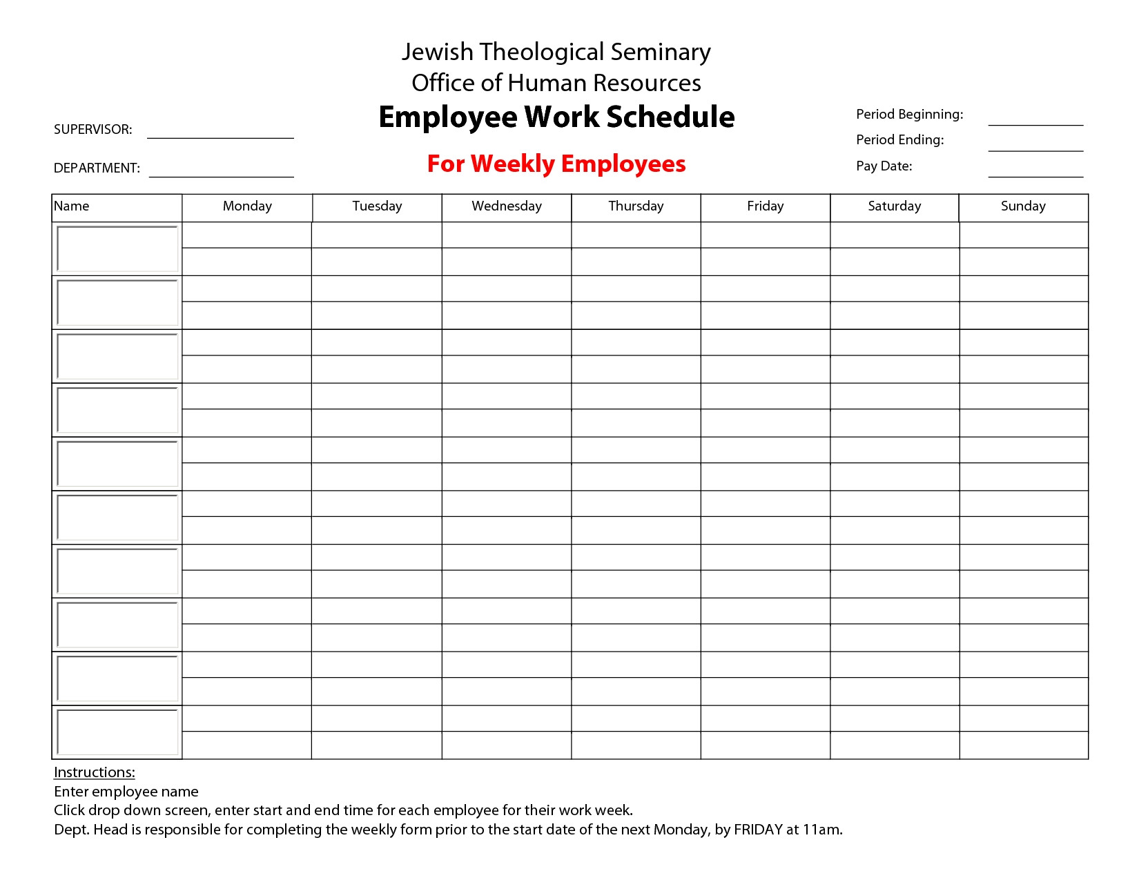Free Work Schedule Template Printable Blank Weekly Employee Schedule