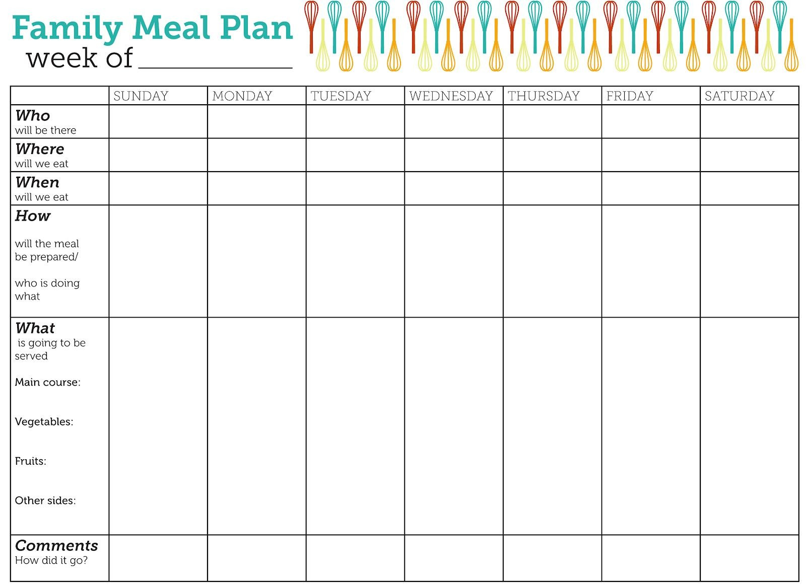 Meal Planning Calendar Template Family Meal Plan Printable
