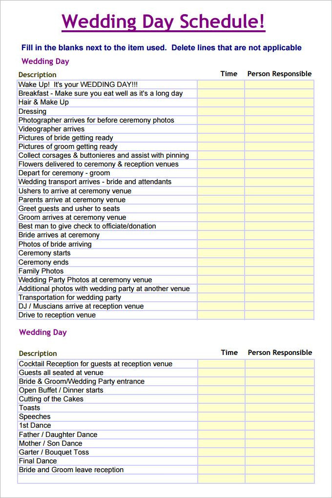 Wedding Reception Timeline Template 30 Wedding Schedule Templates &amp; Samples