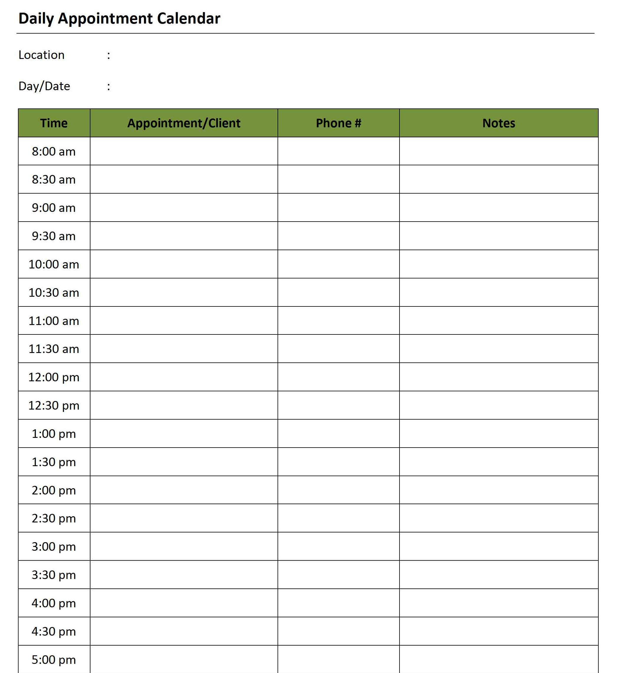 Daily Appointment Calendar Template Daily Appointment Calendar