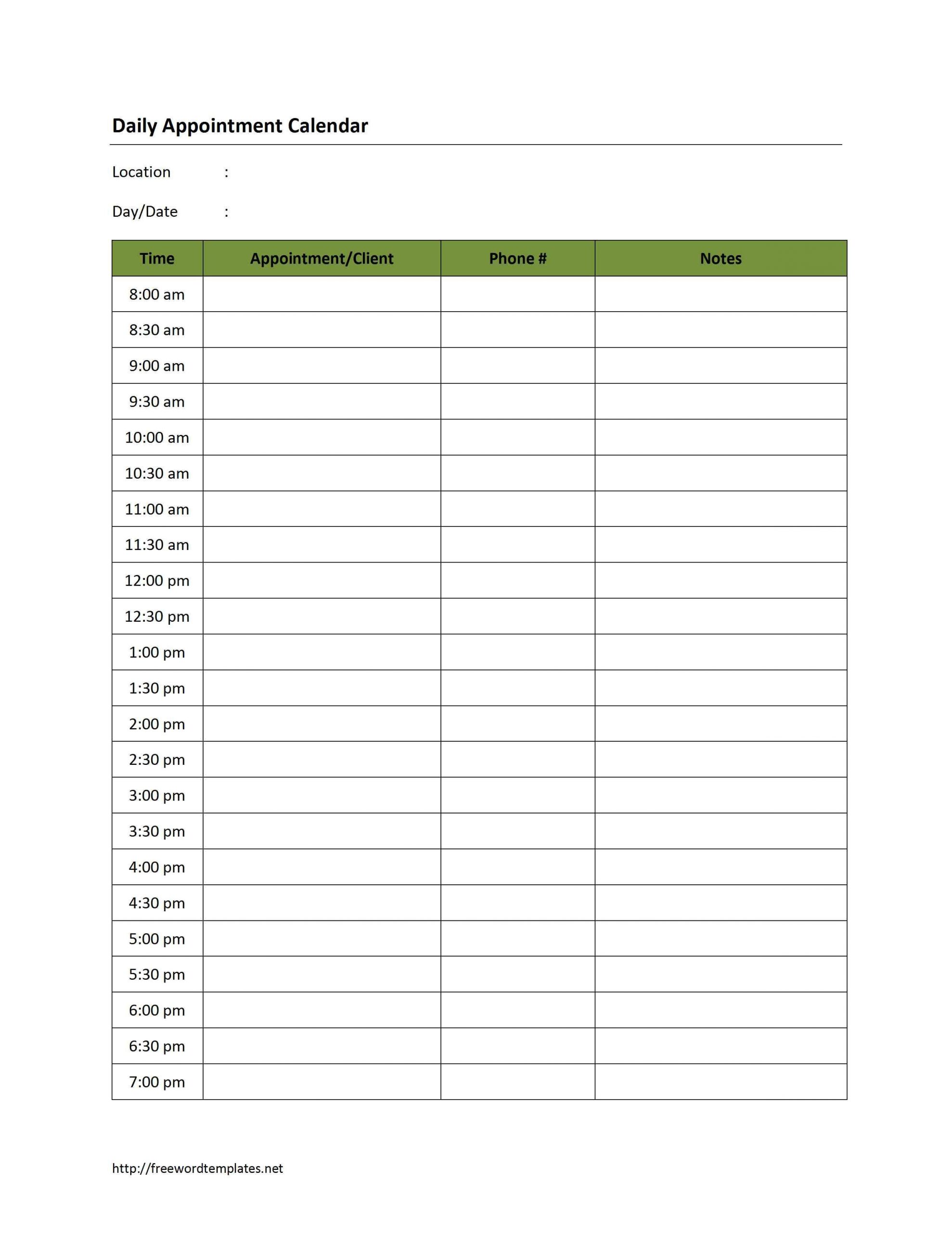 Daily Appointment Calendar Template Daily Appointment Calendar Template