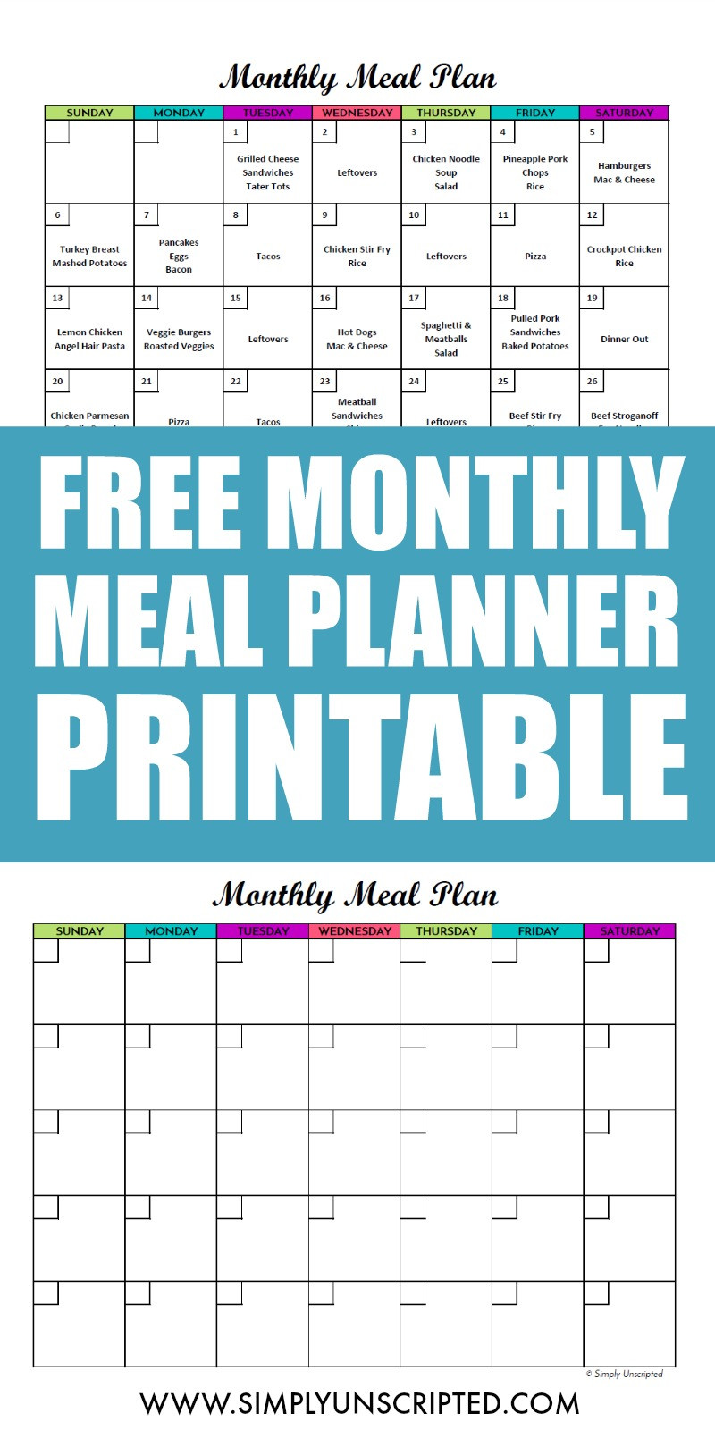 Meal Plan Calendar Template Monthly Meal Planner Printable Simply Unscripted