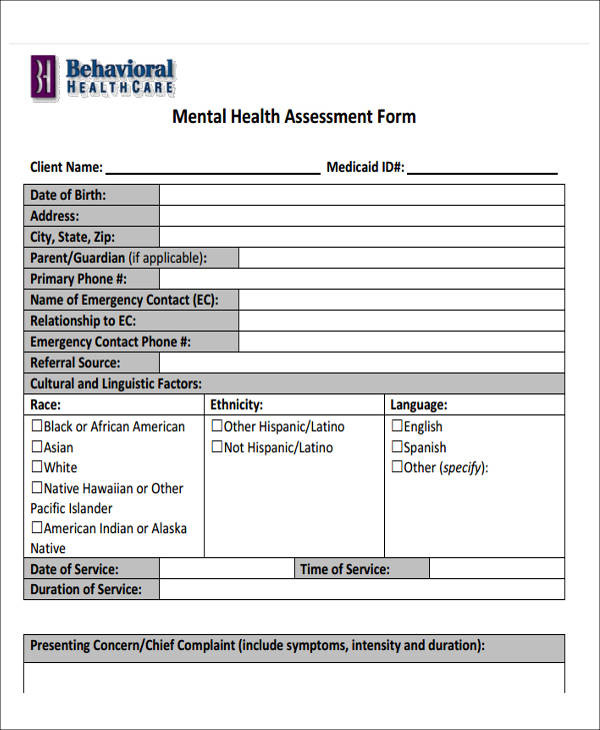 Mental Health assessment Template Free 44 assessment forms In Pdf Ms Word