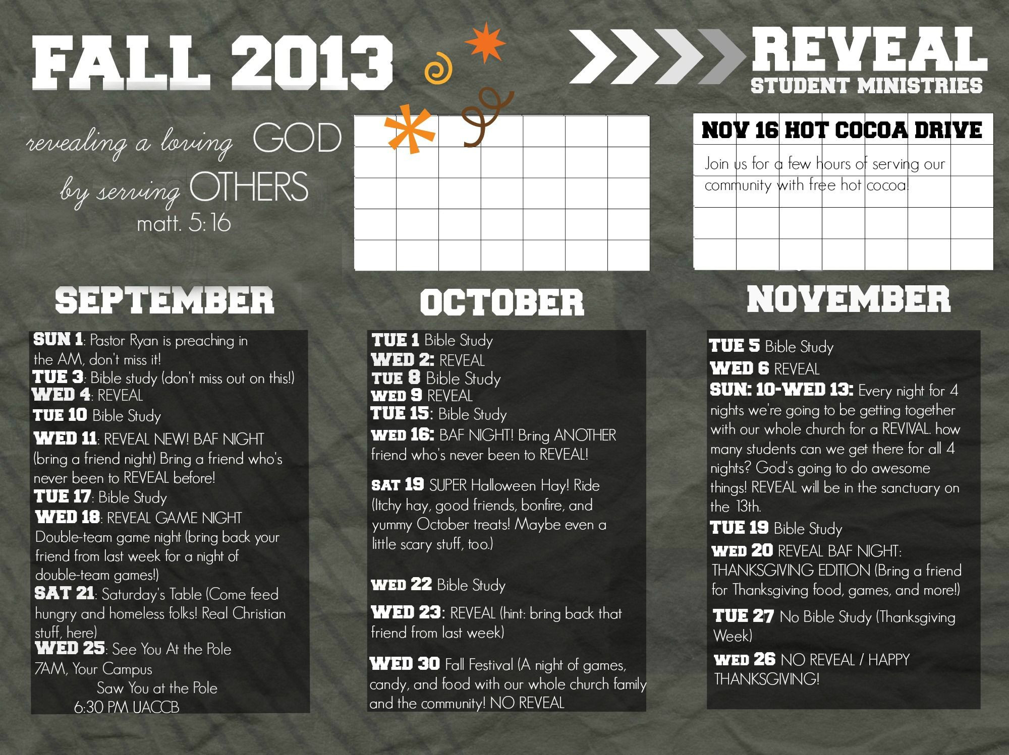 Youth Ministry Calendar Template Reveal Youth Group Fall Calendar Possibly Send Out to the