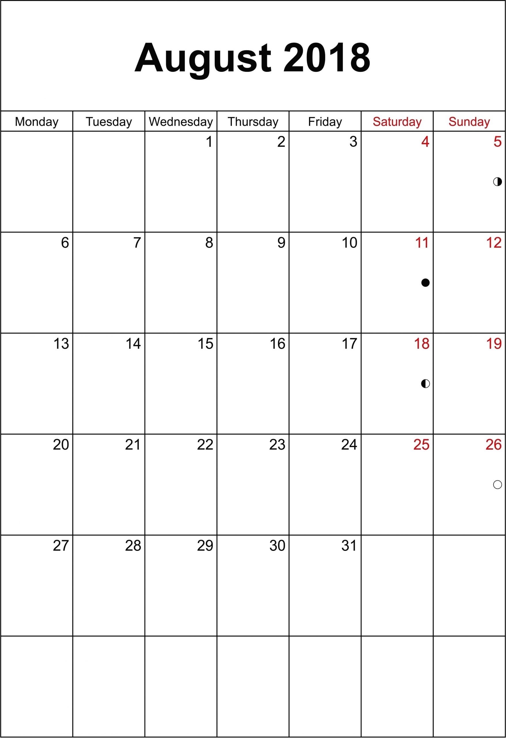 2018 August Calendar Vertical