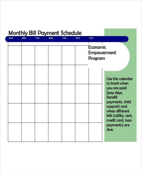 Bill Payment Calendar Template 6 Bill Payment Schedule Templates Free Samples