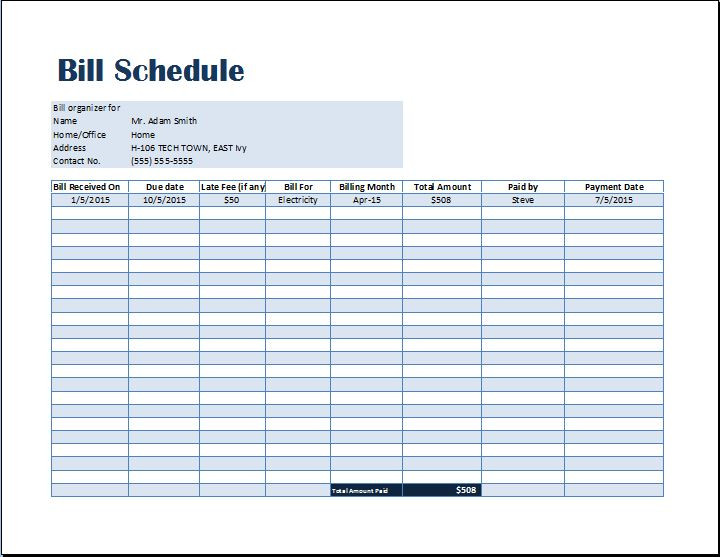Bill Payment Calendar Template Bill Payment Schedule Template