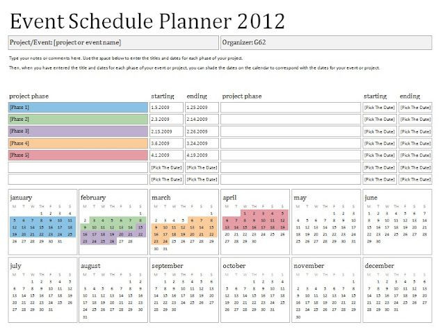 Event Planning Calendar Template 2012 event Schedule Planner