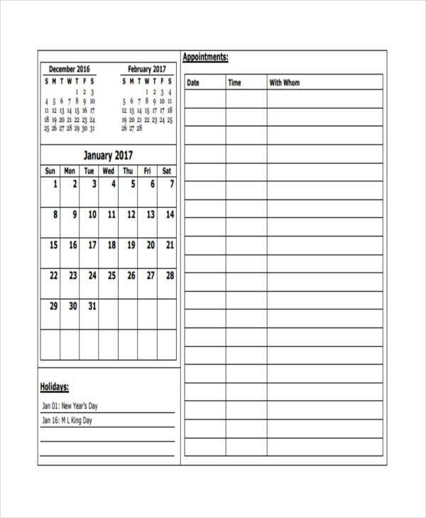 Free Appointment Calendar Template 6 Appointment Calendar Templates Free Sample Example