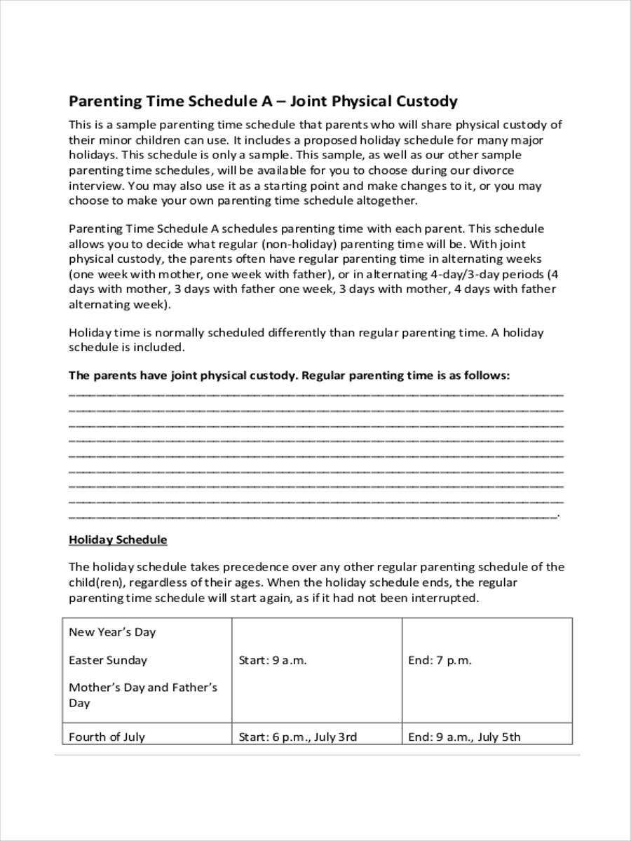 Parenting Time Calendar Template Free 5 Parenting Schedule Examples &amp; Samples In Pdf