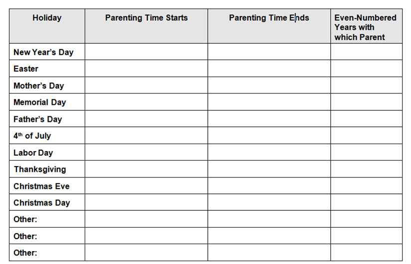 Parenting Time Calendar Template Holiday Parenting Time Koenig