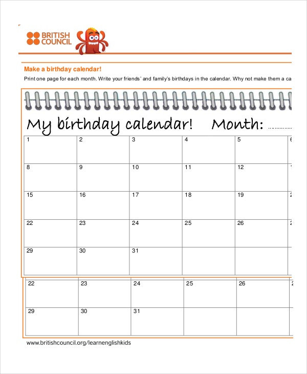 Printable Birthday Calendar Template Birthday Calendar 14 Free Word Pdf Psd Documents