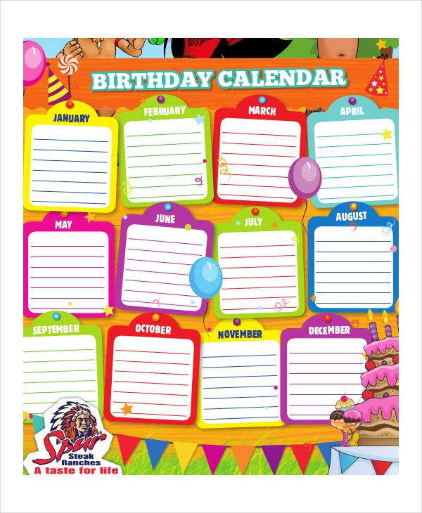 Printable Birthday Calendar Template Birthday Calendar 14 Free Word Pdf Psd Documents