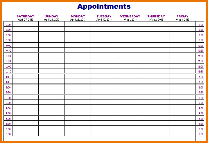 Weekly Appointment Calendar Template Appointment Book Templates