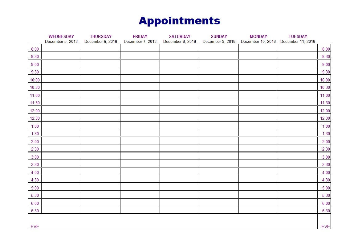 Weekly Appointment Calendar Template Daily Calendar Template 30 Minute Increments
