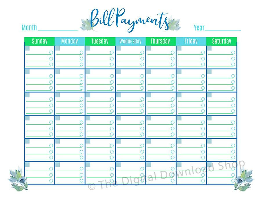 Bill Paying Calendar Template Bill Payments Calendar Printable Floral