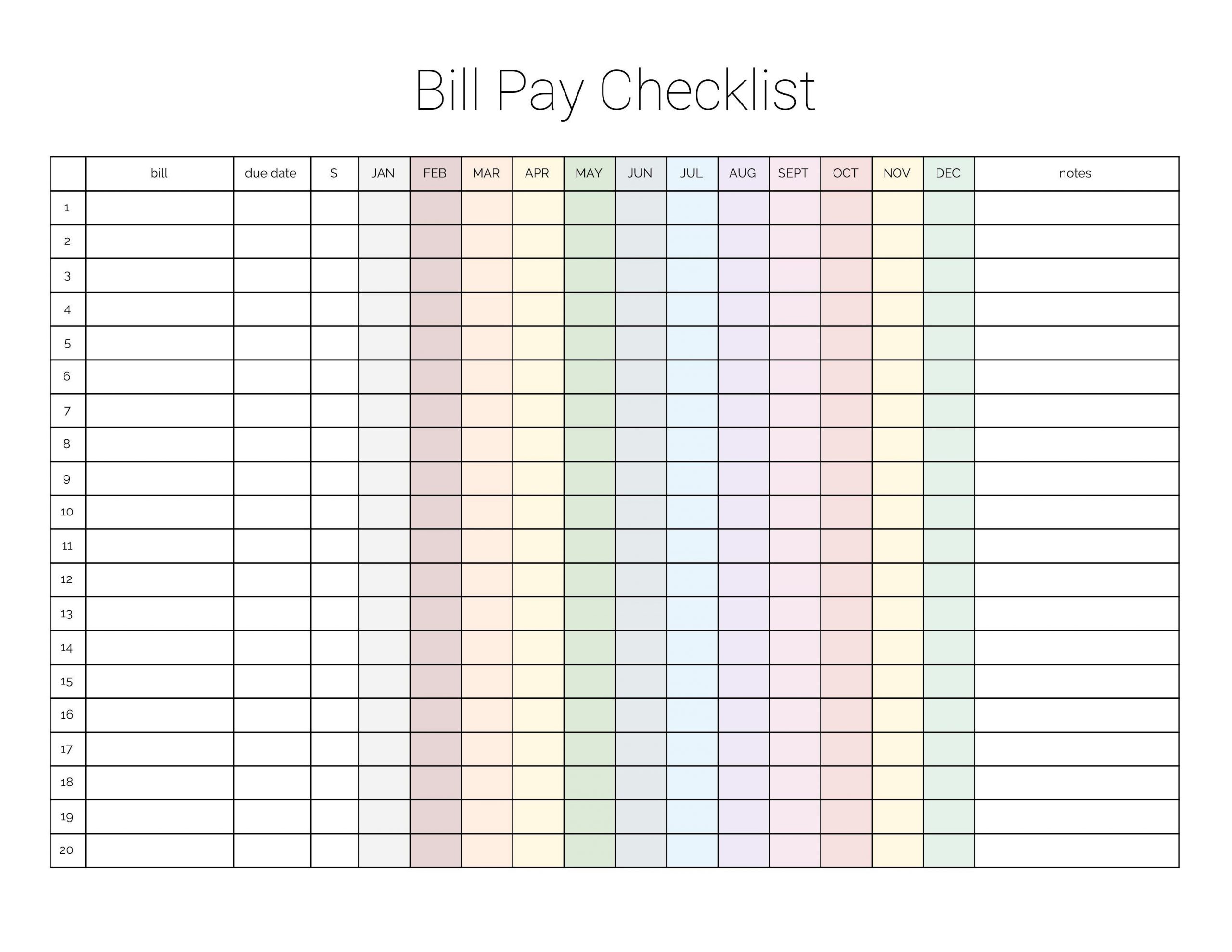 Bill Paying Calendar Template Blank Chart for Monthly Bills