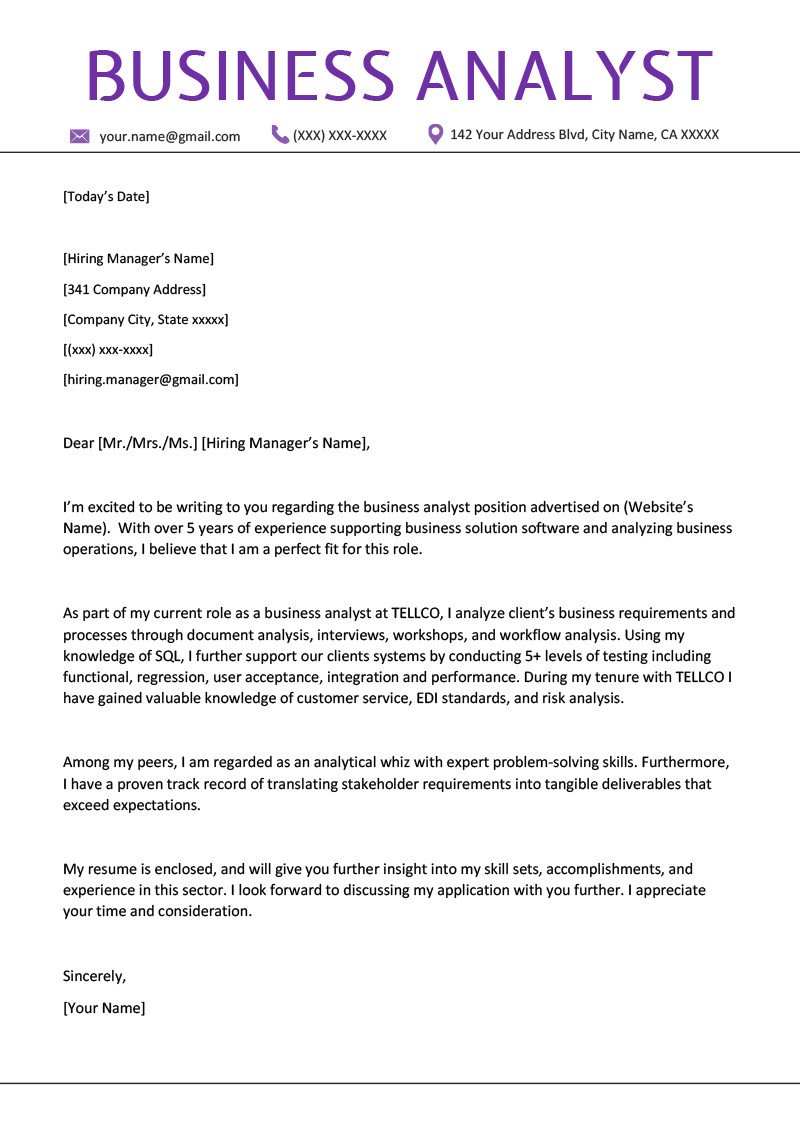 Business Cover Letter Template Business Analyst Cover Letter Example &amp; Writing Tips