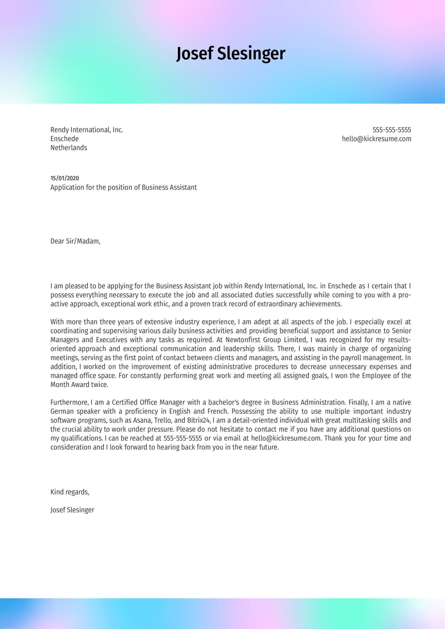 Business Cover Letter Template Business assistant Cover Letter Example