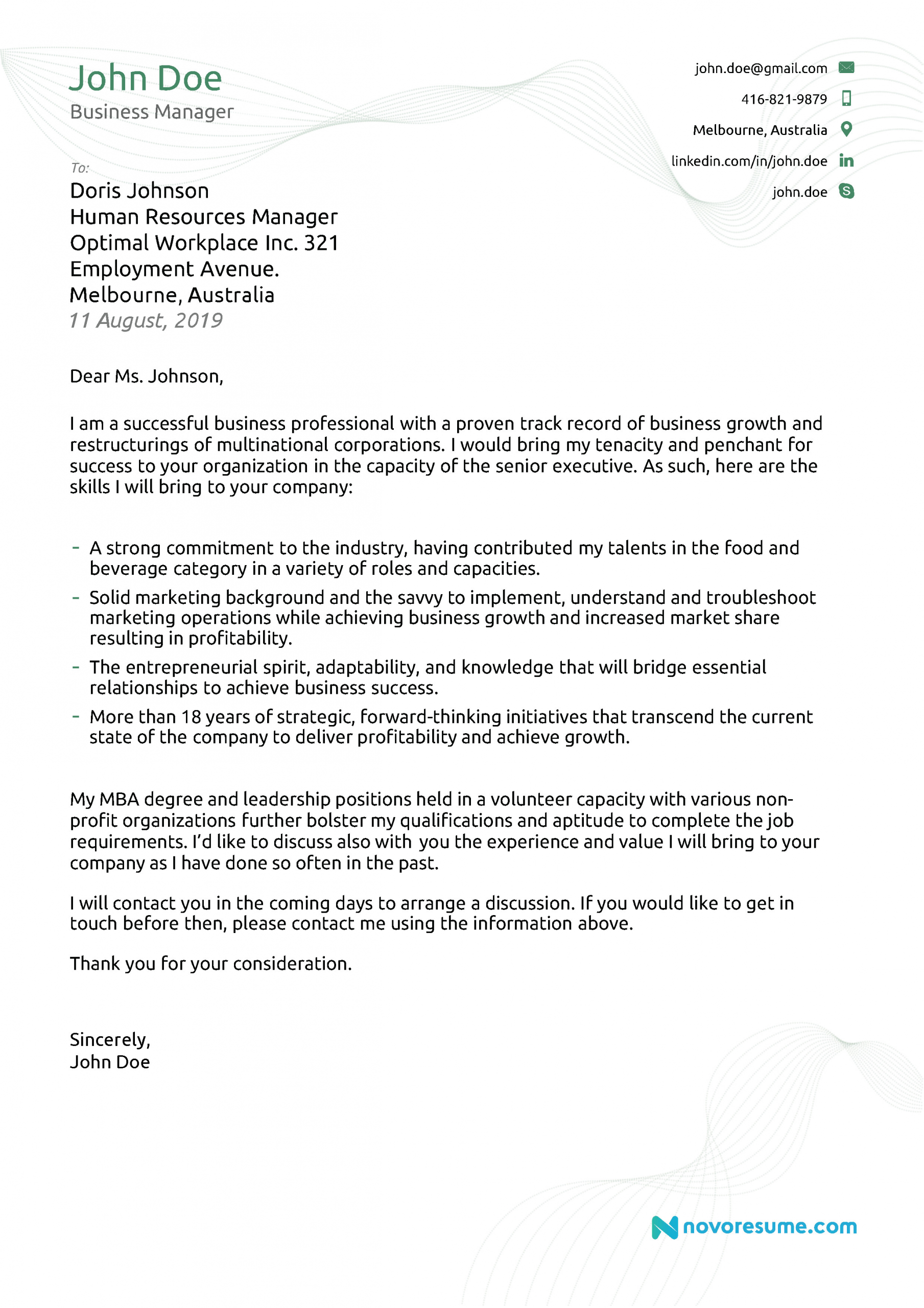 Business Cover Letter Template Business Management Cover Letter Examples Sample Cover