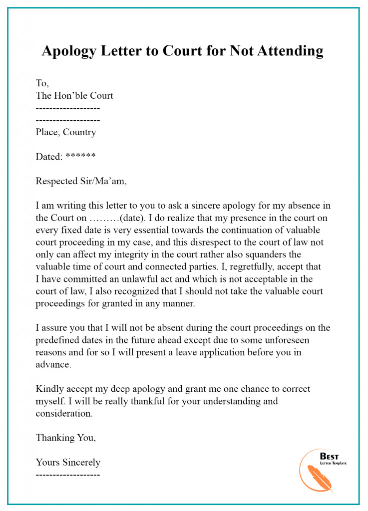 Letter to Court Template Apology Letter Template to Court – format Sample &amp; Example