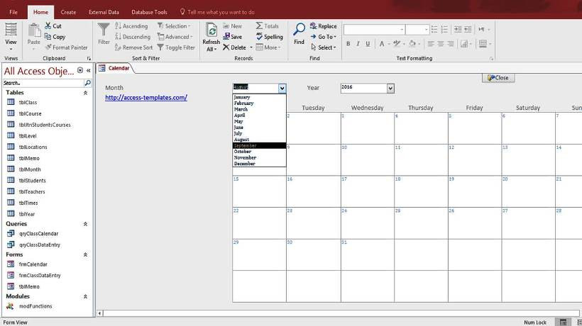 Ms Access Calendar Template Microsoft Access Calendar form Template Free