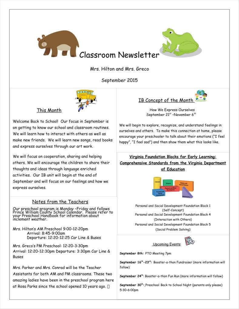 One Page Newsletter Template 11 Kindergarten Newsletter Templates Free Samples