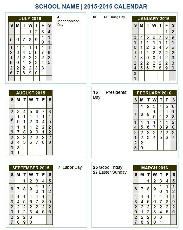 School Year Calendar Template 18 Sample School Calendar Templates Word Psd