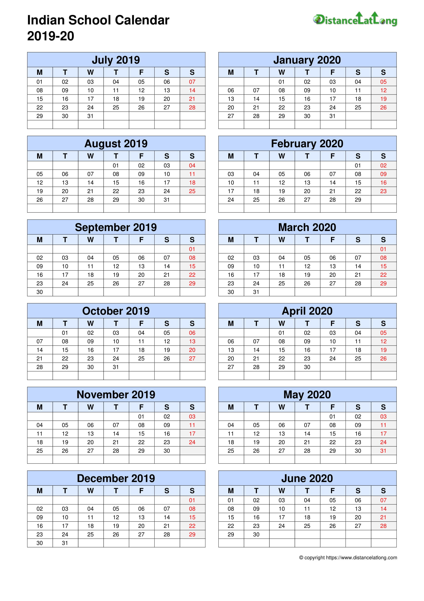 2020 School Calendar School Portrait Orientation Free