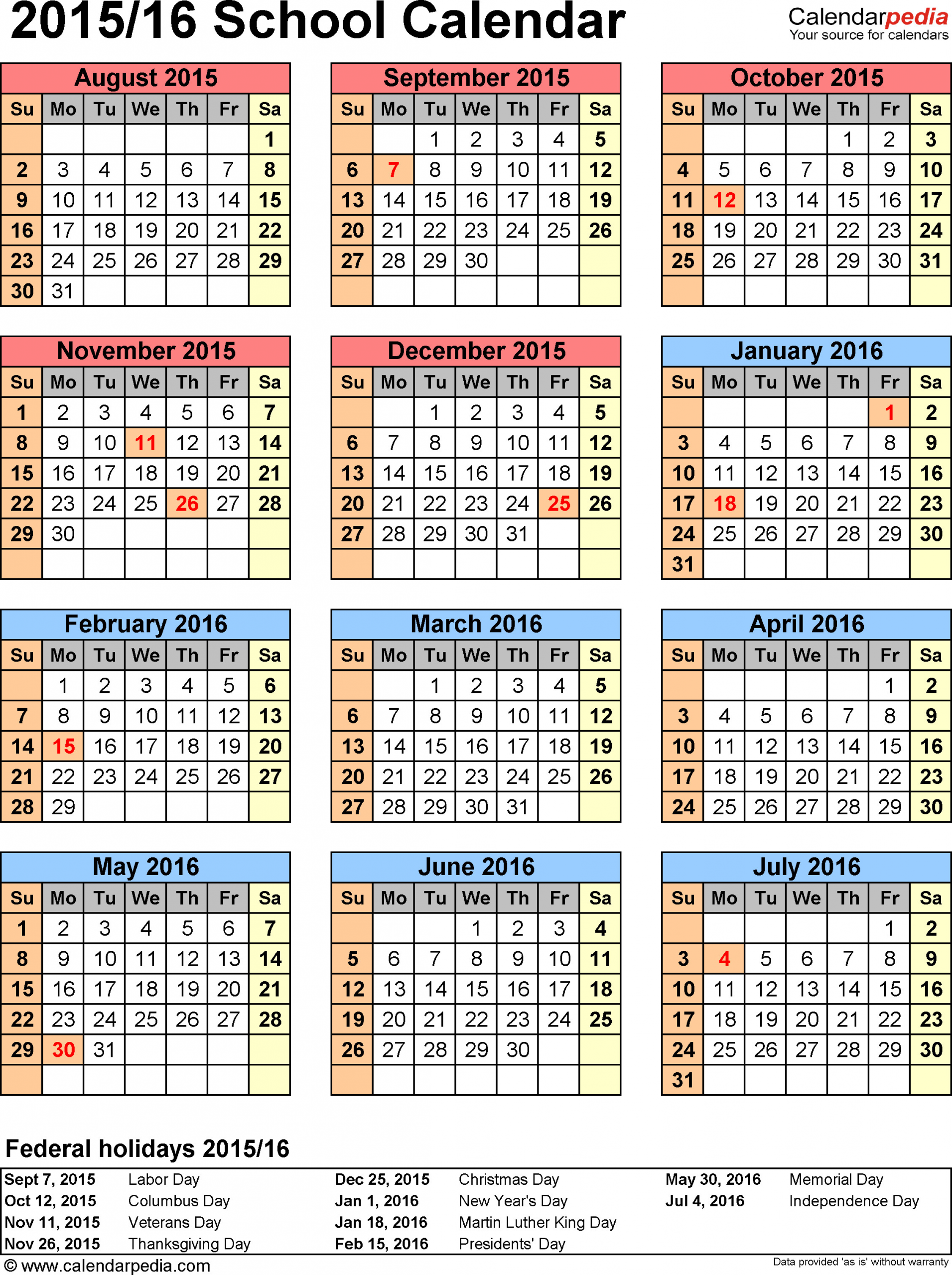 School Year Calendar Template School Calendars 2015 2016 Free Printable Pdf Templates