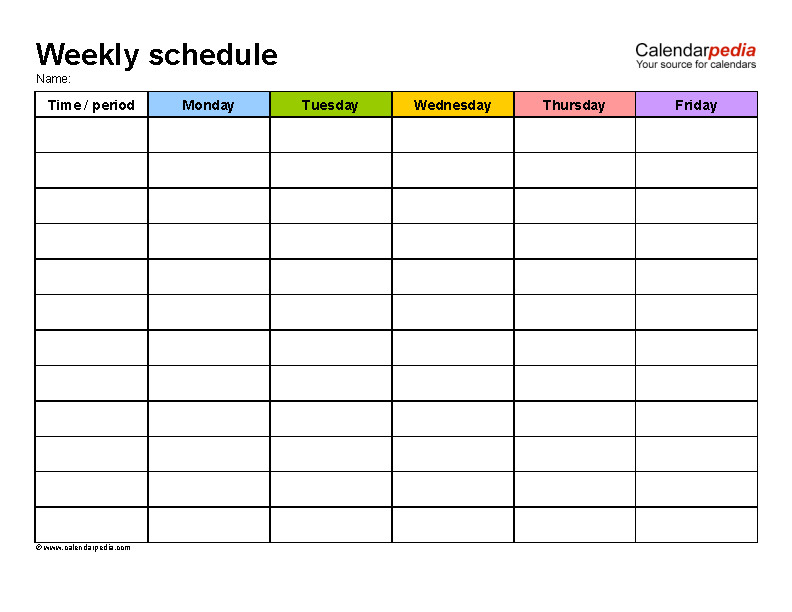 Work Week Calendar Template Blank Daily Weekly Work Schedule Template Word format
