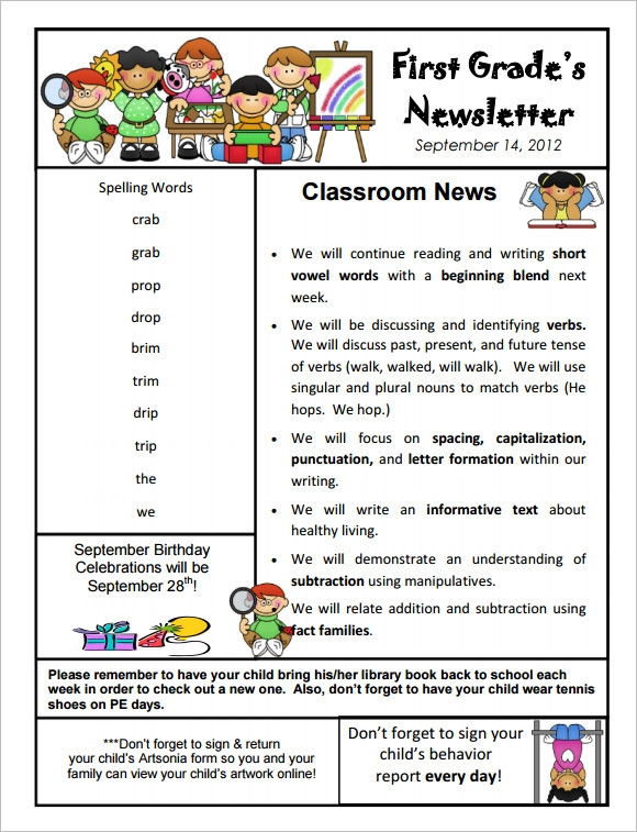 First Grade Newsletter Template Free 10 Sample Kindergarten Newsletter Templates In Pdf